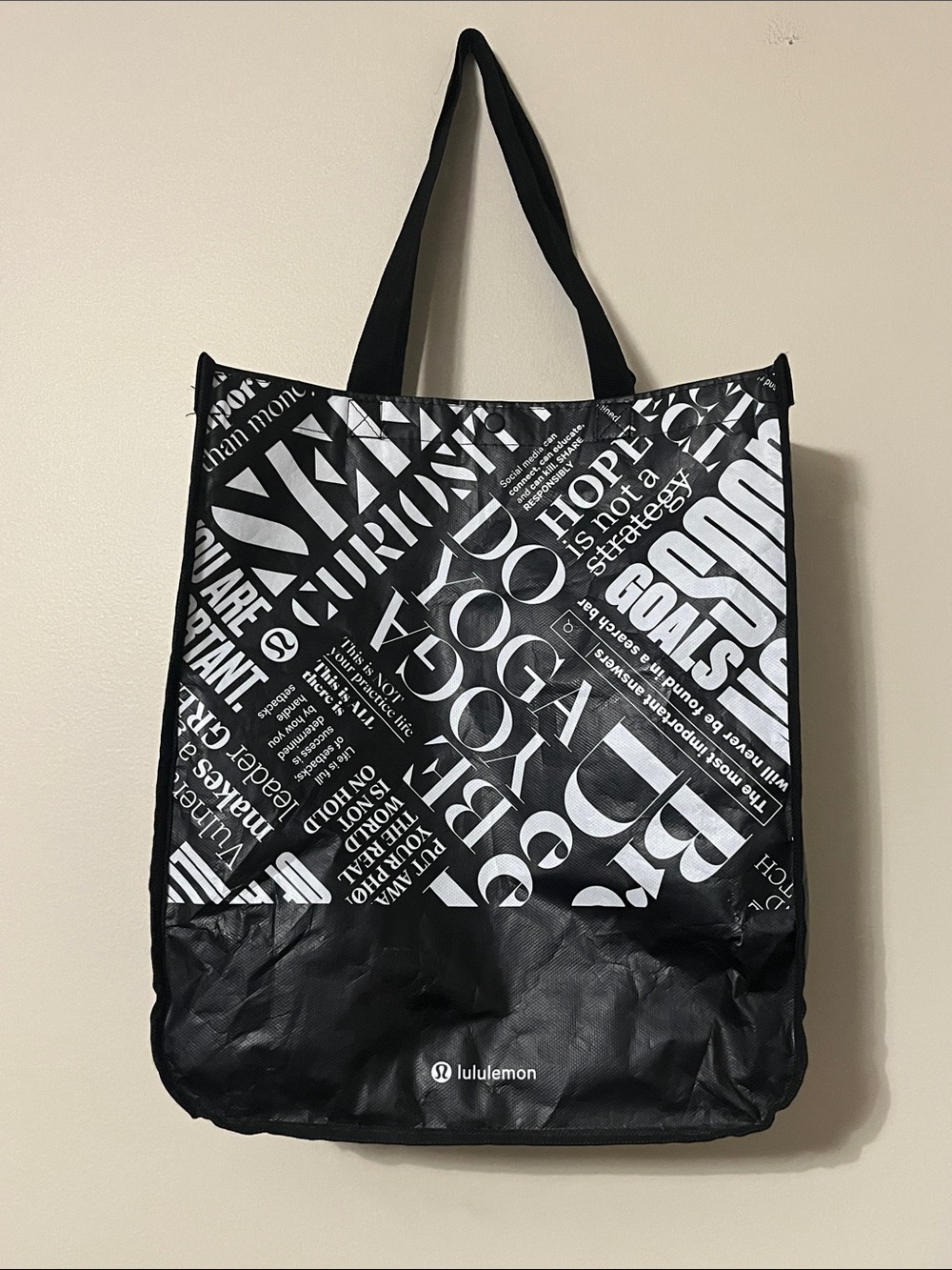 LULULEMON | Black & White Clasp Closure Reusable Manifesto Tote Bag 16”L x 14”W